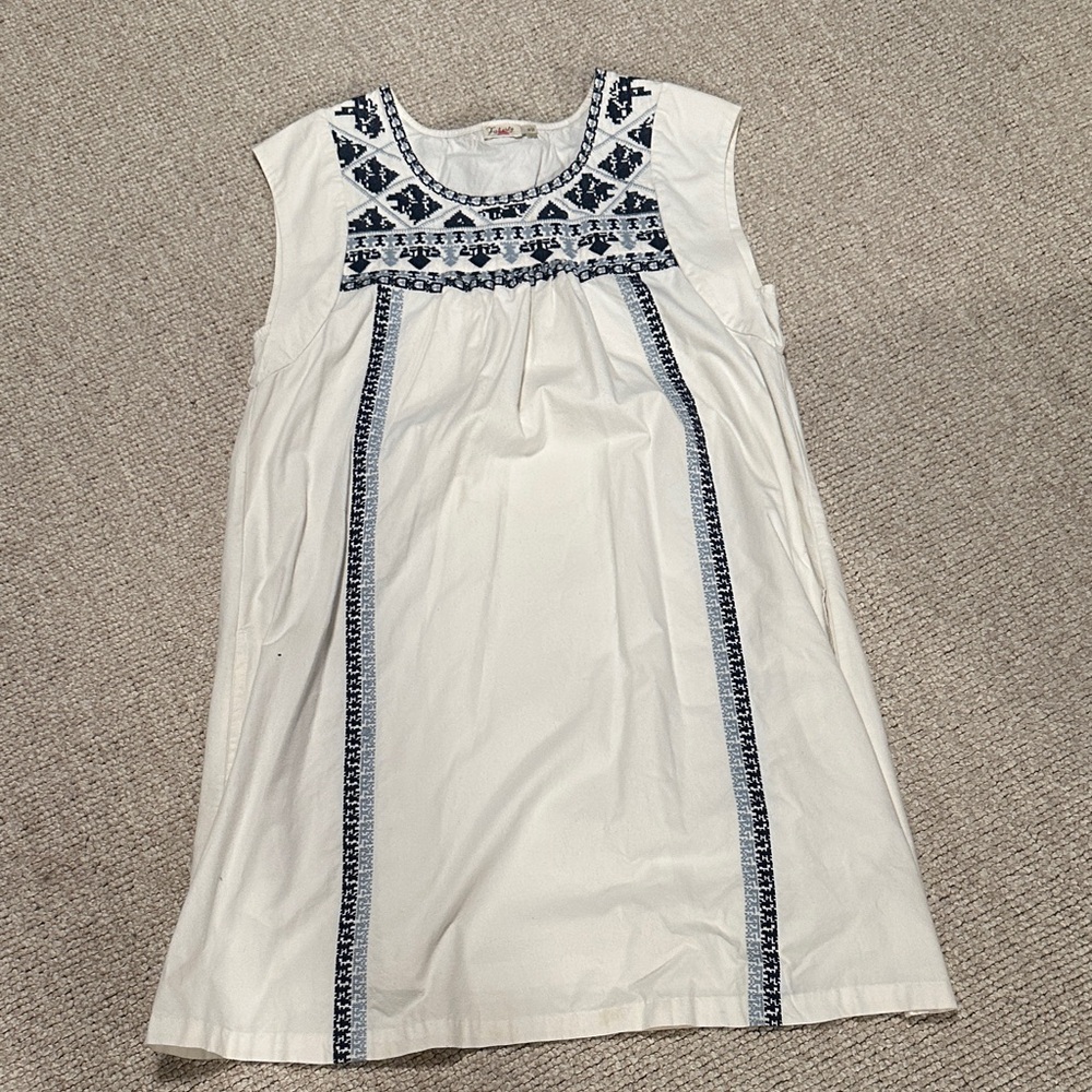 Faherty Ivory Dress with Dark Blue Embroidery